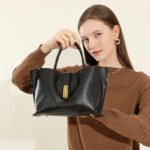 Women's Full-Grain Leather Lock Buckle Tote Bag with Crossbody Shoulder Strap