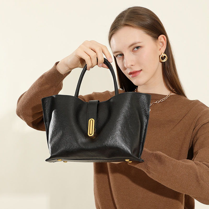 Women's Full-Grain Leather Lock Buckle Tote Bag with Crossbody Shoulder Strap