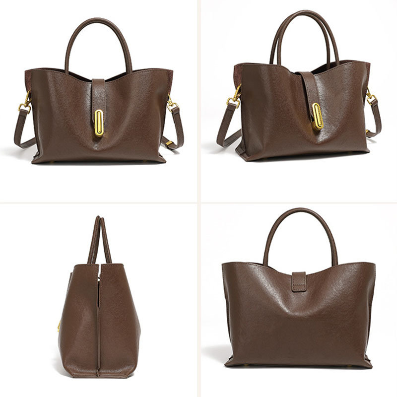 Women's Full-Grain Leather Lock Buckle Tote Bag with Crossbody Shoulder Strap
