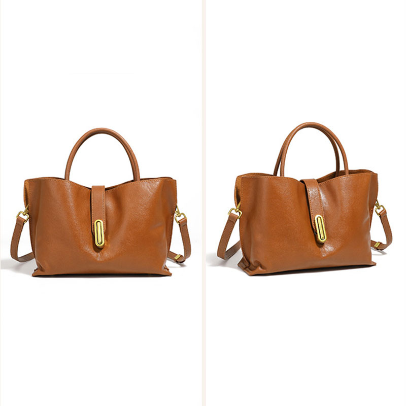 Women's Full-Grain Leather Lock Buckle Tote Bag with Crossbody Shoulder Strap