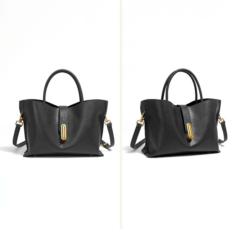Women's Full-Grain Leather Lock Buckle Tote Bag with Crossbody Shoulder Strap