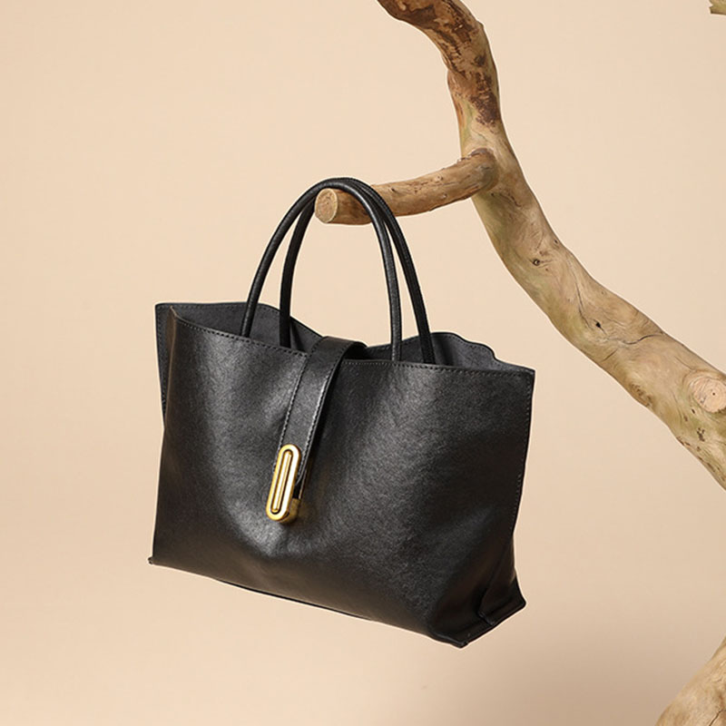 Women's Full-Grain Leather Lock Buckle Tote Bag with Crossbody Shoulder Strap