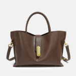 Women's Full-Grain Leather Lock Buckle Tote Bag with Crossbody Shoulder Strap