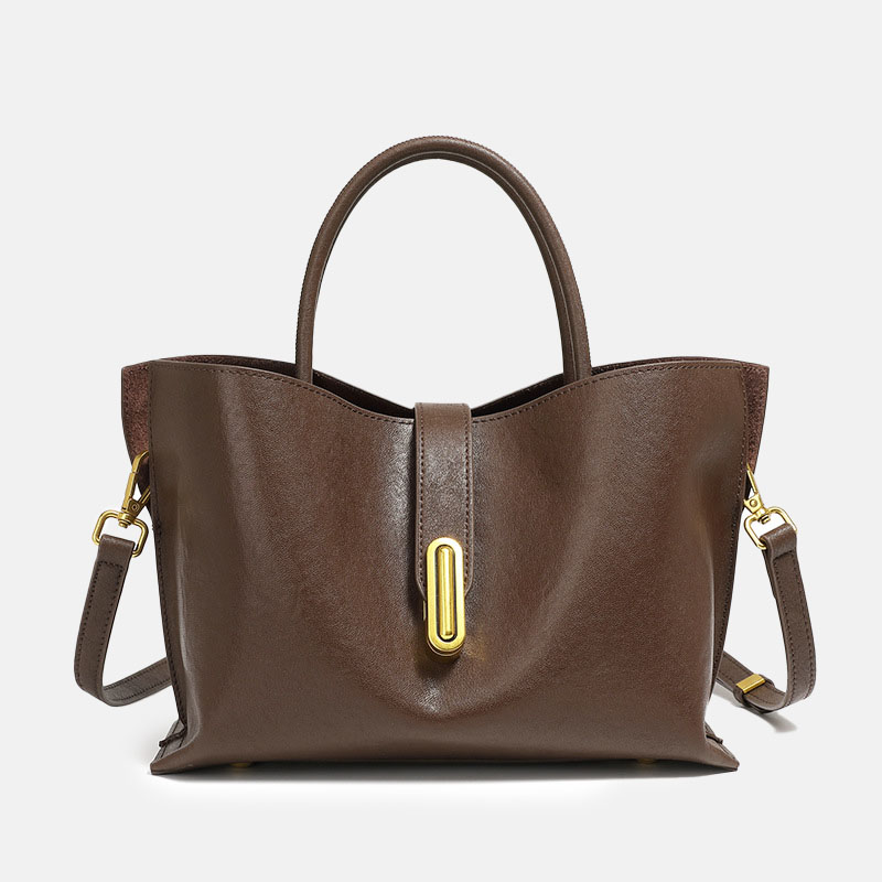 Women's Full-Grain Leather Lock Buckle Tote Bag with Crossbody Shoulder Strap