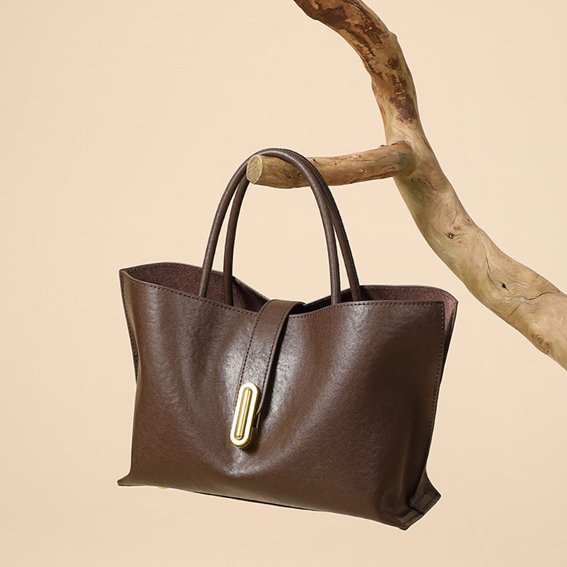 Women's Full-Grain Leather Lock Buckle Tote Bag with Crossbody Shoulder Strap
