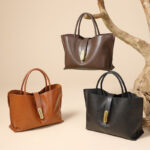 Women's Full-Grain Leather Lock Buckle Tote Bag with Crossbody Shoulder Strap