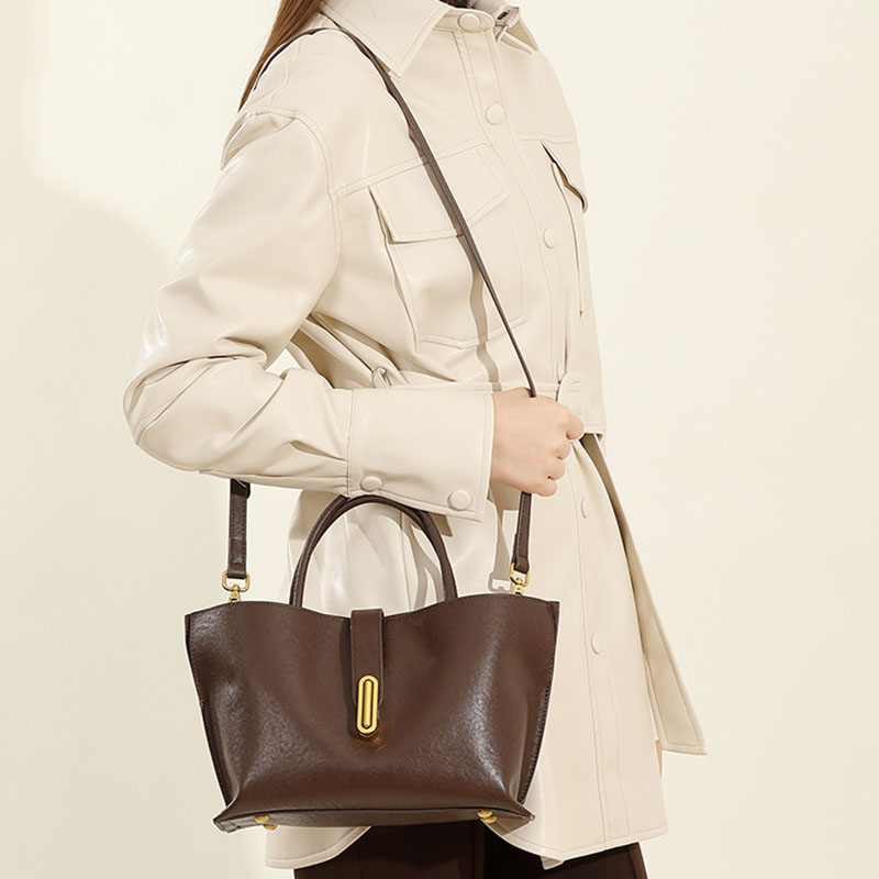 Women's Full-Grain Leather Lock Buckle Tote Bag with Crossbody Shoulder Strap