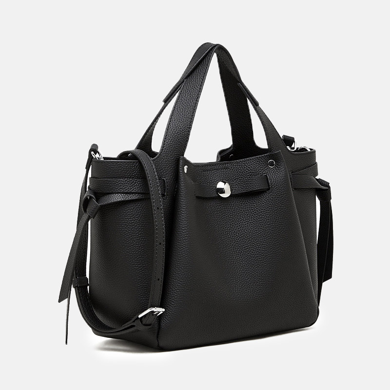 Women's Full-Grain Leather Studded Drawstring Tote Bag with Crossbody Shoulder Strap