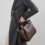 Women's Full-Grain Leather Studded Drawstring Tote Bag with Crossbody Shoulder Strap