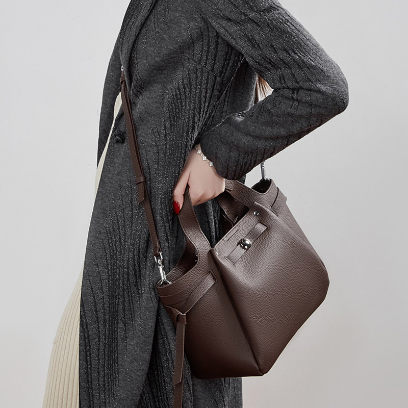 Women's Full-Grain Leather Studded Drawstring Tote Bag with Crossbody Shoulder Strap