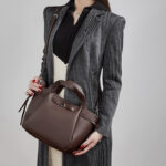 Women's Full-Grain Leather Studded Drawstring Tote Bag with Crossbody Shoulder Strap