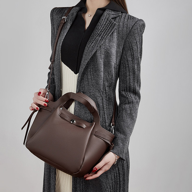 Women's Full-Grain Leather Studded Drawstring Tote Bag with Crossbody Shoulder Strap
