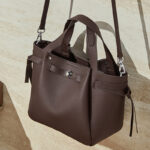 Women's Full-Grain Leather Studded Drawstring Tote Bag with Crossbody Shoulder Strap