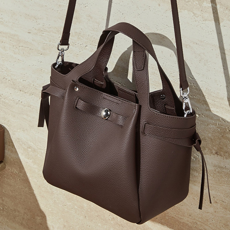 Women's Full-Grain Leather Studded Drawstring Tote Bag with Crossbody Shoulder Strap