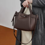Women's Full-Grain Leather Studded Drawstring Tote Bag with Crossbody Shoulder Strap