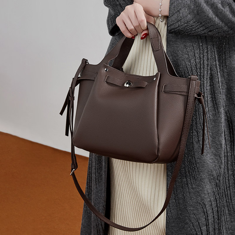 Women's Full-Grain Leather Studded Drawstring Tote Bag with Crossbody Shoulder Strap