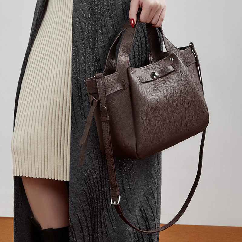 Women's Full-Grain Leather Studded Drawstring Tote Bag with Crossbody Shoulder Strap