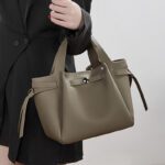 Women's Full-Grain Leather Studded Drawstring Tote Bag with Crossbody Shoulder Strap