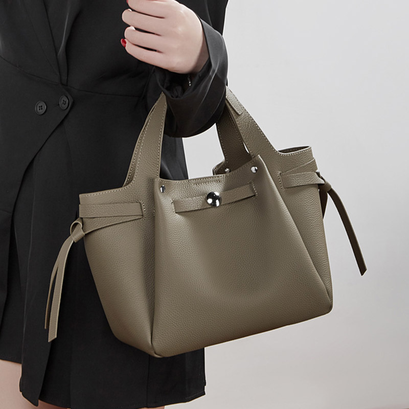Women's Full-Grain Leather Studded Drawstring Tote Bag with Crossbody Shoulder Strap