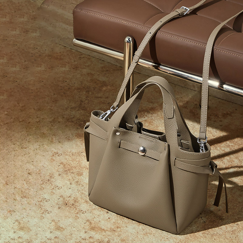 Women's Full-Grain Leather Studded Drawstring Tote Bag with Crossbody Shoulder Strap