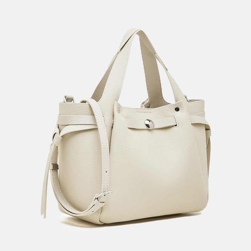 Women's Full-Grain Leather Studded Drawstring Tote Bag with Crossbody Shoulder Strap