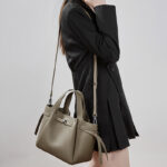 Women's Full-Grain Leather Studded Drawstring Tote Bag with Crossbody Shoulder Strap
