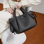 Women's Full-Grain Leather Studded Drawstring Tote Bag with Crossbody Shoulder Strap