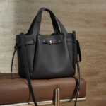 Women's Full-Grain Leather Studded Drawstring Tote Bag with Crossbody Shoulder Strap
