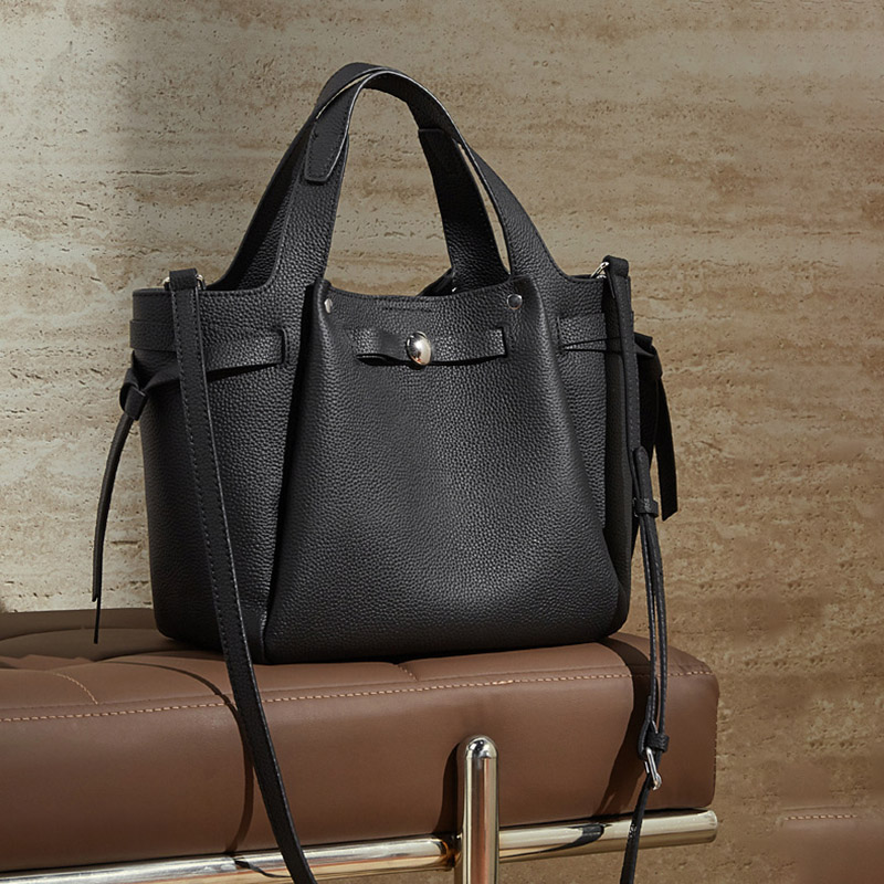 Women's Full-Grain Leather Studded Drawstring Tote Bag with Crossbody Shoulder Strap