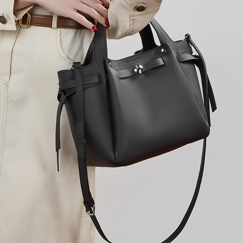 Women's Full-Grain Leather Studded Drawstring Tote Bag with Crossbody Shoulder Strap