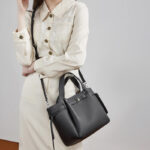 Women's Full-Grain Leather Studded Drawstring Tote Bag with Crossbody Shoulder Strap