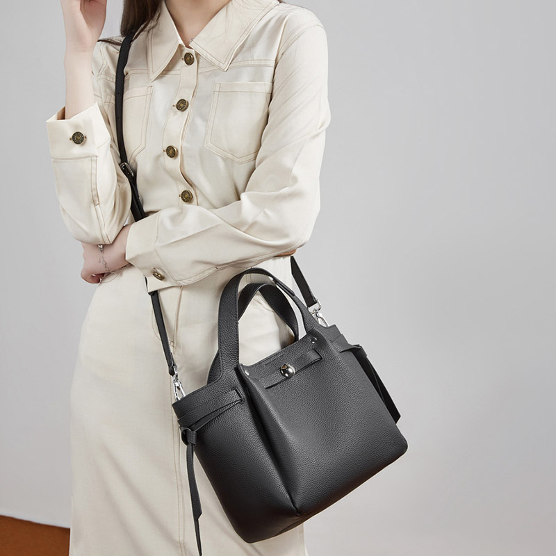 Women's Full-Grain Leather Studded Drawstring Tote Bag with Crossbody Shoulder Strap