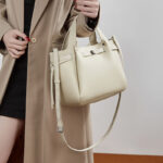 Women's Full-Grain Leather Studded Drawstring Tote Bag with Crossbody Shoulder Strap