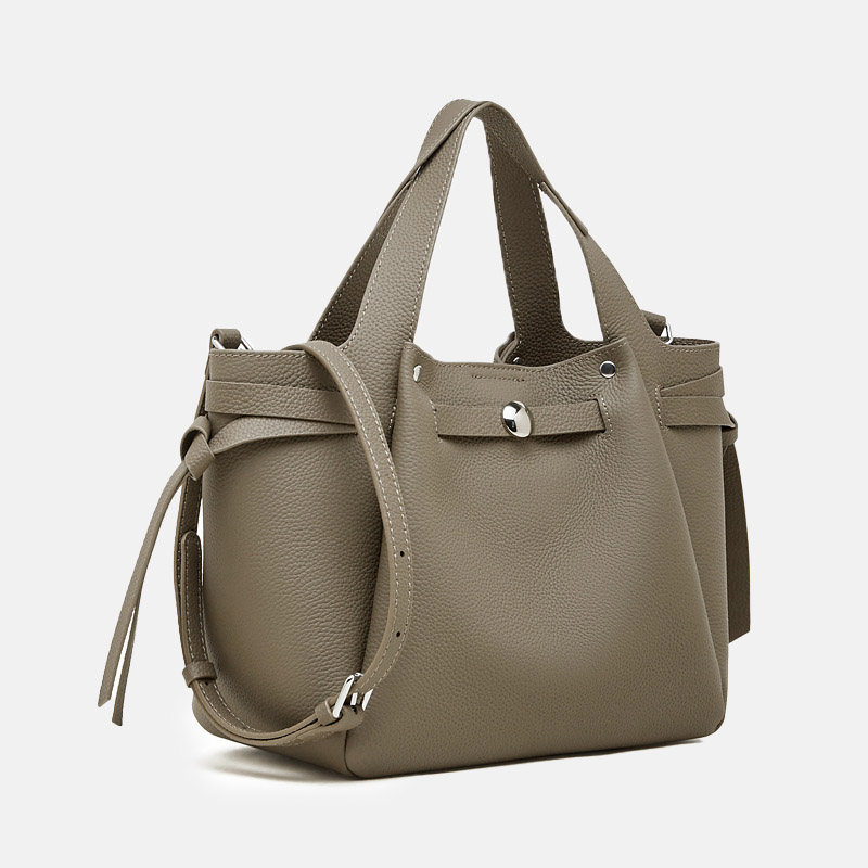 Women's Full-Grain Leather Studded Drawstring Tote Bag with Crossbody Shoulder Strap