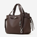 Women's Full-Grain Leather Studded Drawstring Tote Bag with Crossbody Shoulder Strap