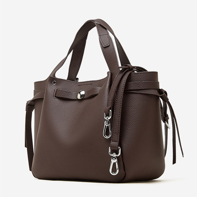 Women's Full-Grain Leather Studded Drawstring Tote Bag with Crossbody Shoulder Strap