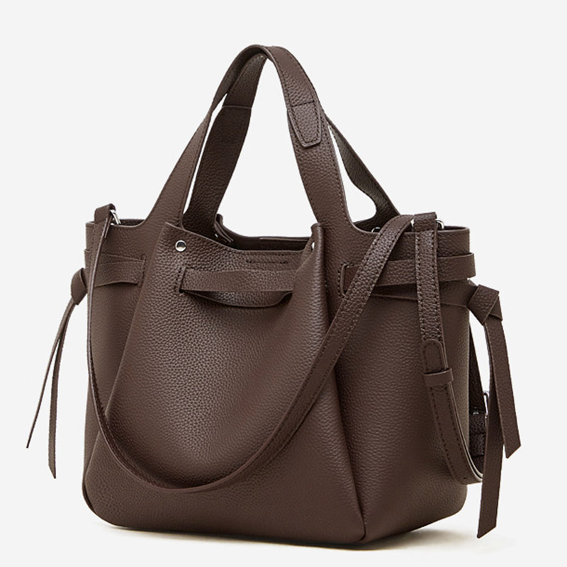 Women's Full-Grain Leather Studded Drawstring Tote Bag with Crossbody Shoulder Strap