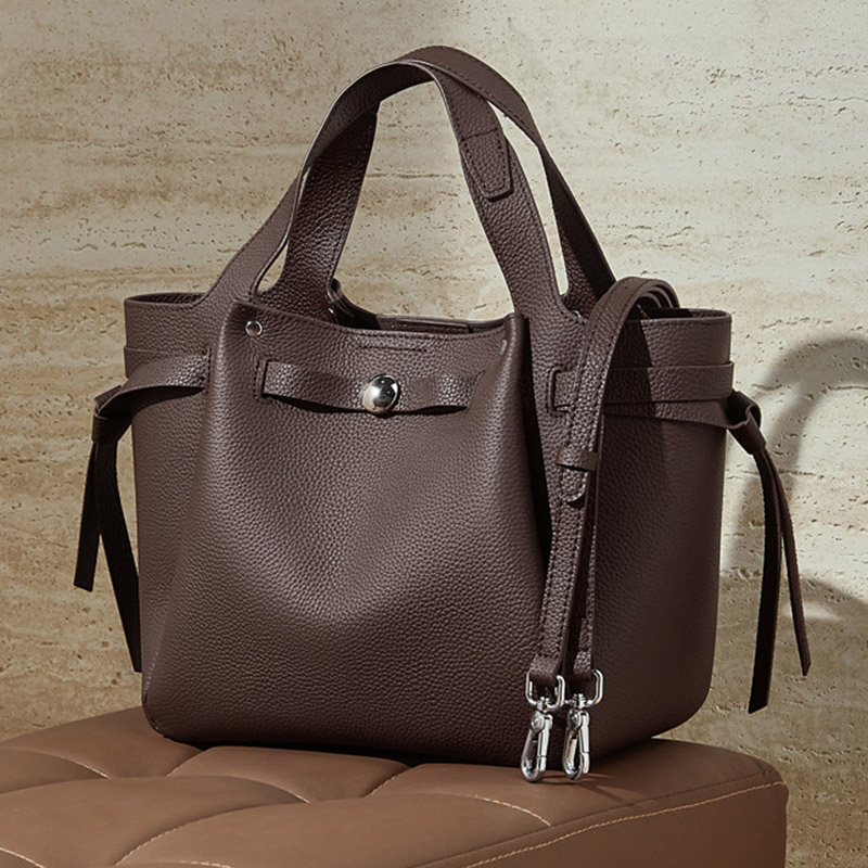 Women's Full-Grain Leather Studded Drawstring Tote Bag with Crossbody Shoulder Strap