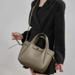 Women's Full-Grain Leather Studded Drawstring Tote Bag with Crossbody Shoulder Strap