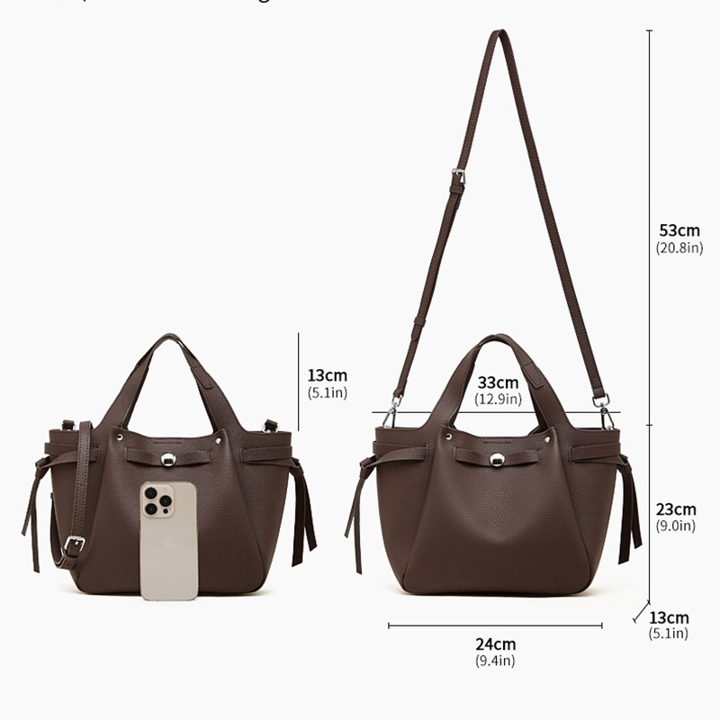 Women's Full-Grain Leather Studded Drawstring Tote Bag with Crossbody Shoulder Strap
