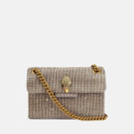 Women's Houndstooth Rhinestone Cotton Eagle Head Embellished Crossbody Shoulder Chain Bag in Beige