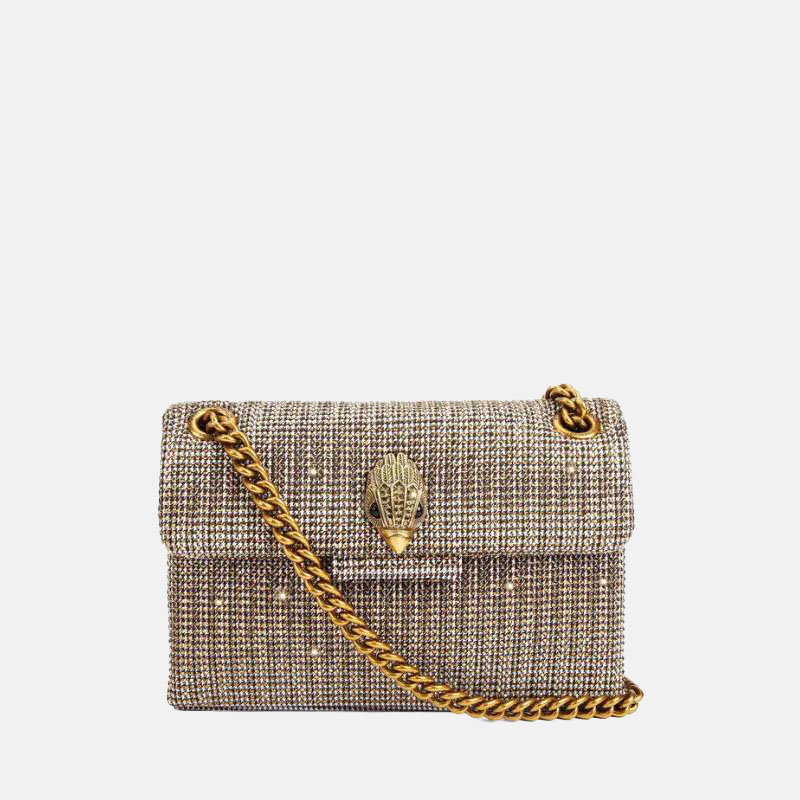 Women's Houndstooth Rhinestone Cotton Eagle Head Embellished Crossbody Shoulder Chain Bag in Beige