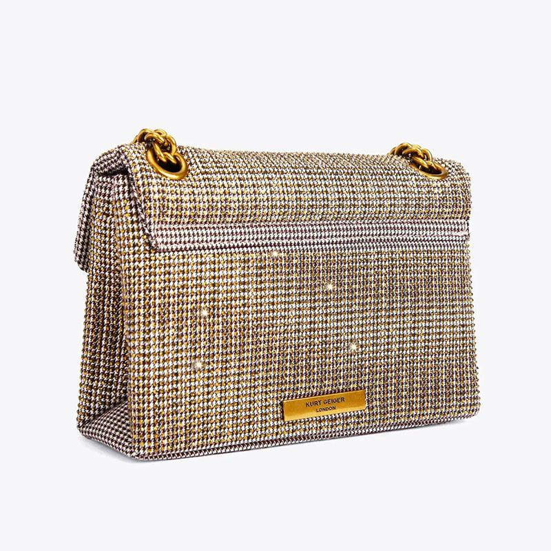 Women's Houndstooth Rhinestone Cotton Eagle Head Embellished Crossbody Shoulder Chain Bag in Beige