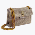 Women's Houndstooth Rhinestone Cotton Eagle Head Embellished Crossbody Shoulder Chain Bag in Beige