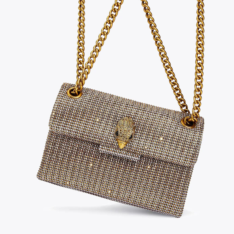 Women's Houndstooth Rhinestone Cotton Eagle Head Embellished Crossbody Shoulder Chain Bag in Beige