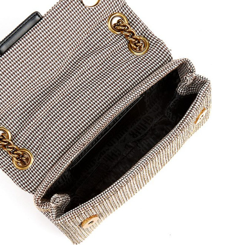 Women's Houndstooth Rhinestone Cotton Eagle Head Embellished Crossbody Shoulder Chain Bag in Beige