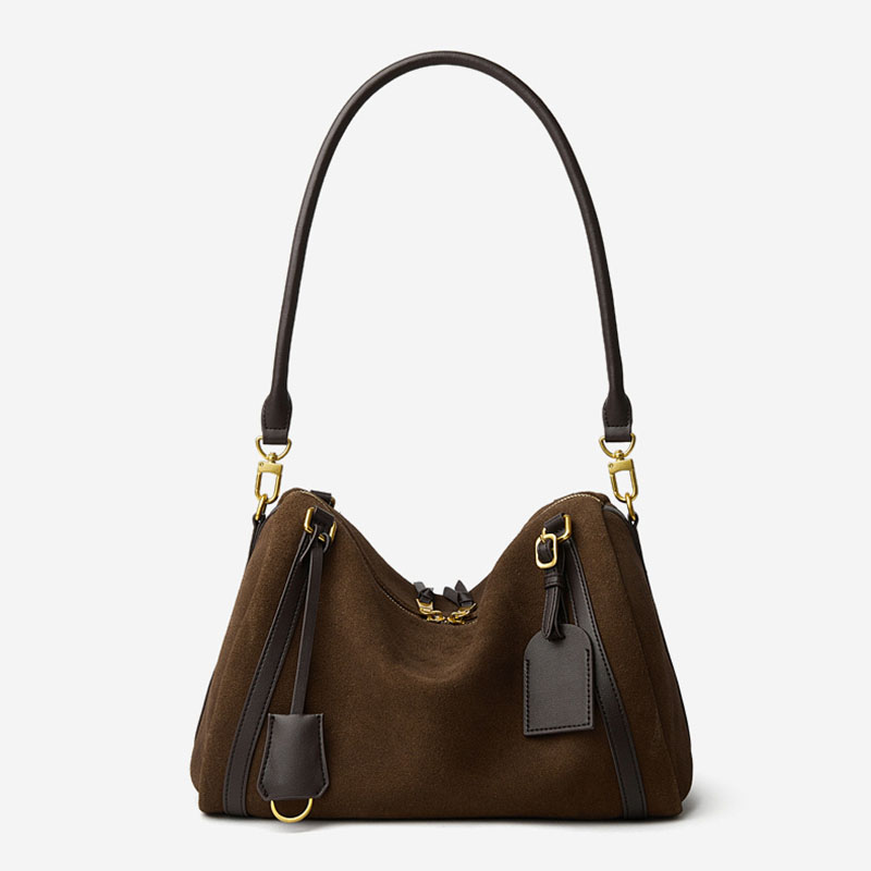 Women's Leather Zipper Closure Bowling Shoulder Bag with Crossbody Straps