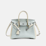 Women's Light Blue Full-Grain Leather Color-Block Top Handle Bag with Silver Hardware