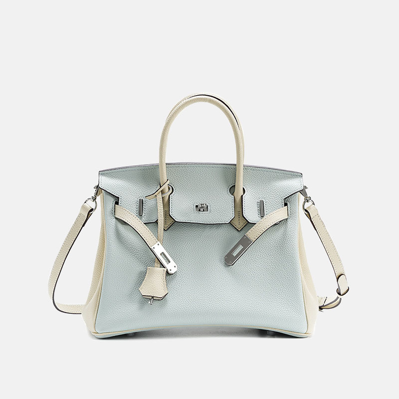Women's Light Blue Full-Grain Leather Color-Block Top Handle Bag with Silver Hardware