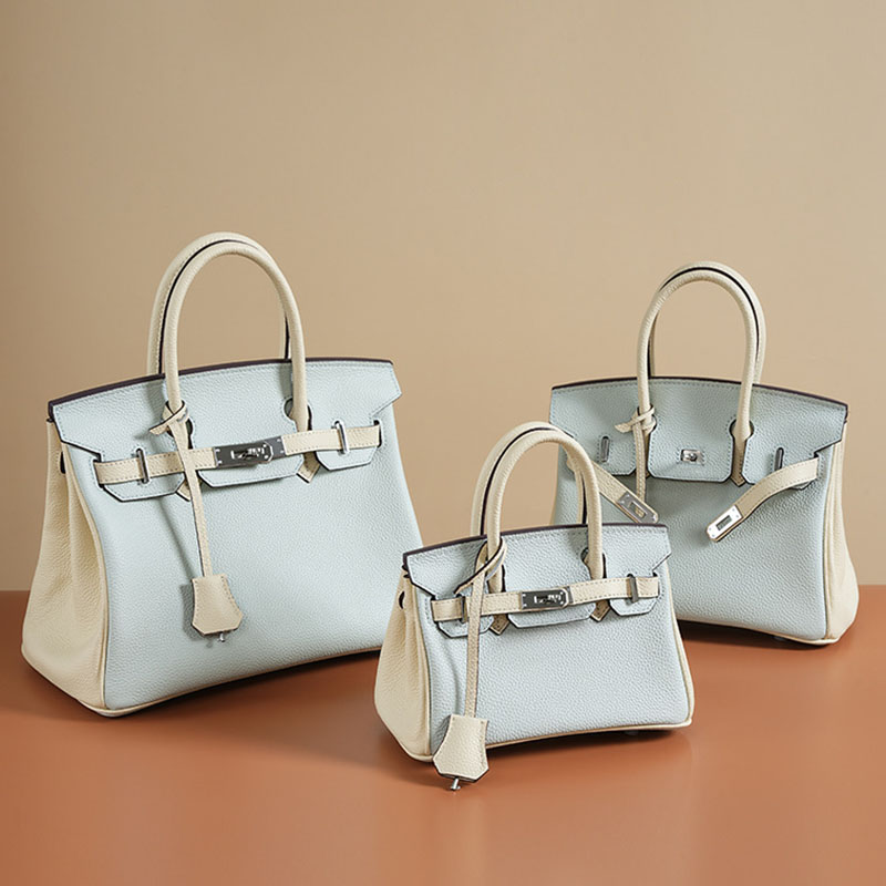 Women's Light Blue Full-Grain Leather Color-Block Top Handle Bag with Silver Hardware